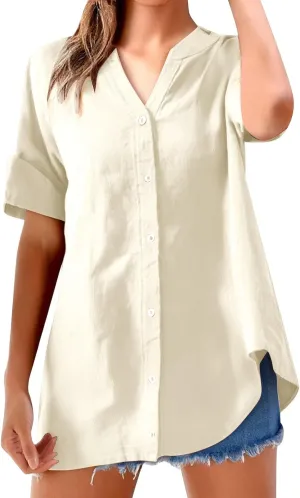 Women's Button Up Shirt V-Neck Short Sleeve Linen Summer Casual Trendy Dressy Blouses Top Loose Tee Shirt