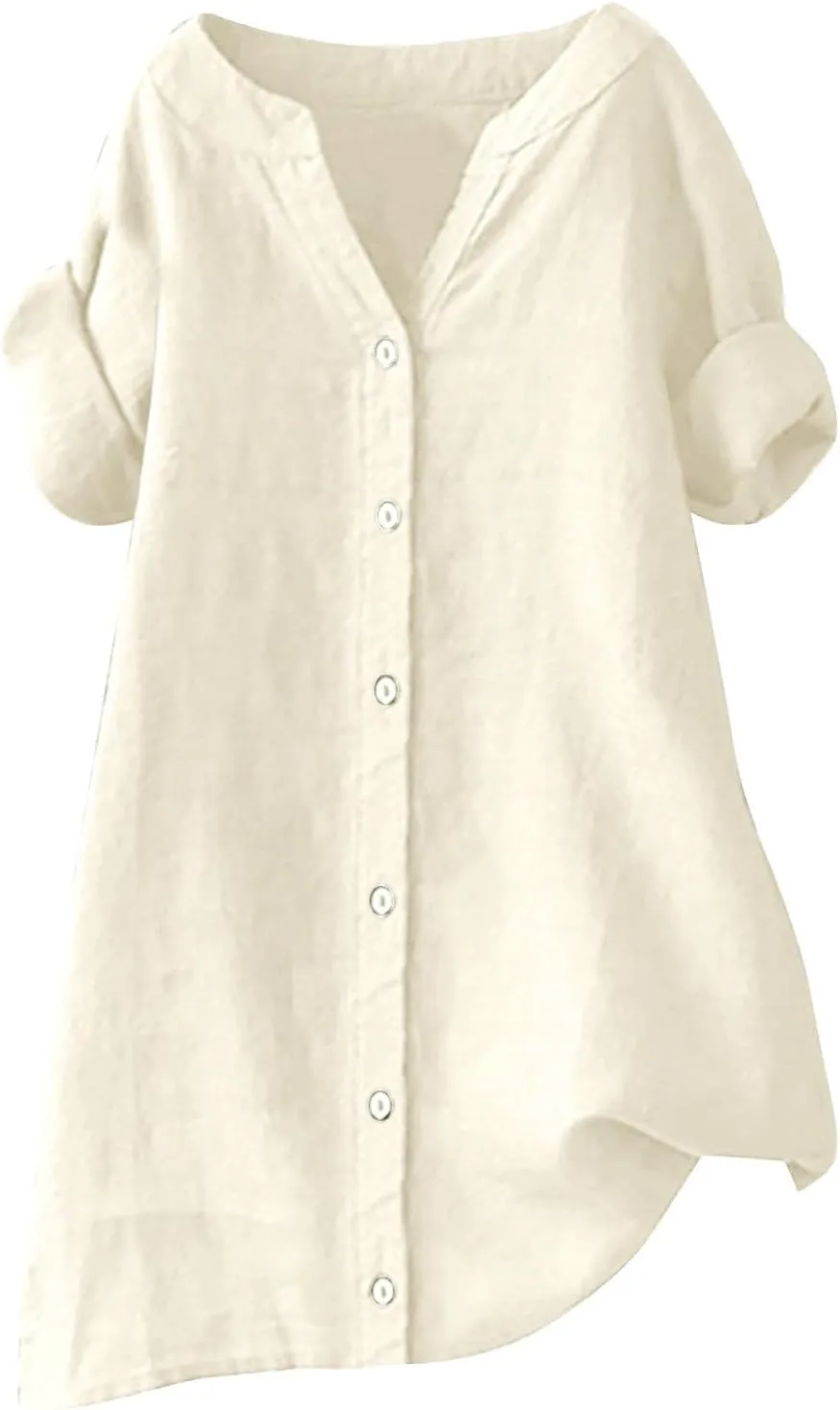 Women's Button Up Shirt V-Neck Short Sleeve Linen Summer Casual Trendy Dressy Blouses Top Loose Tee Shirt