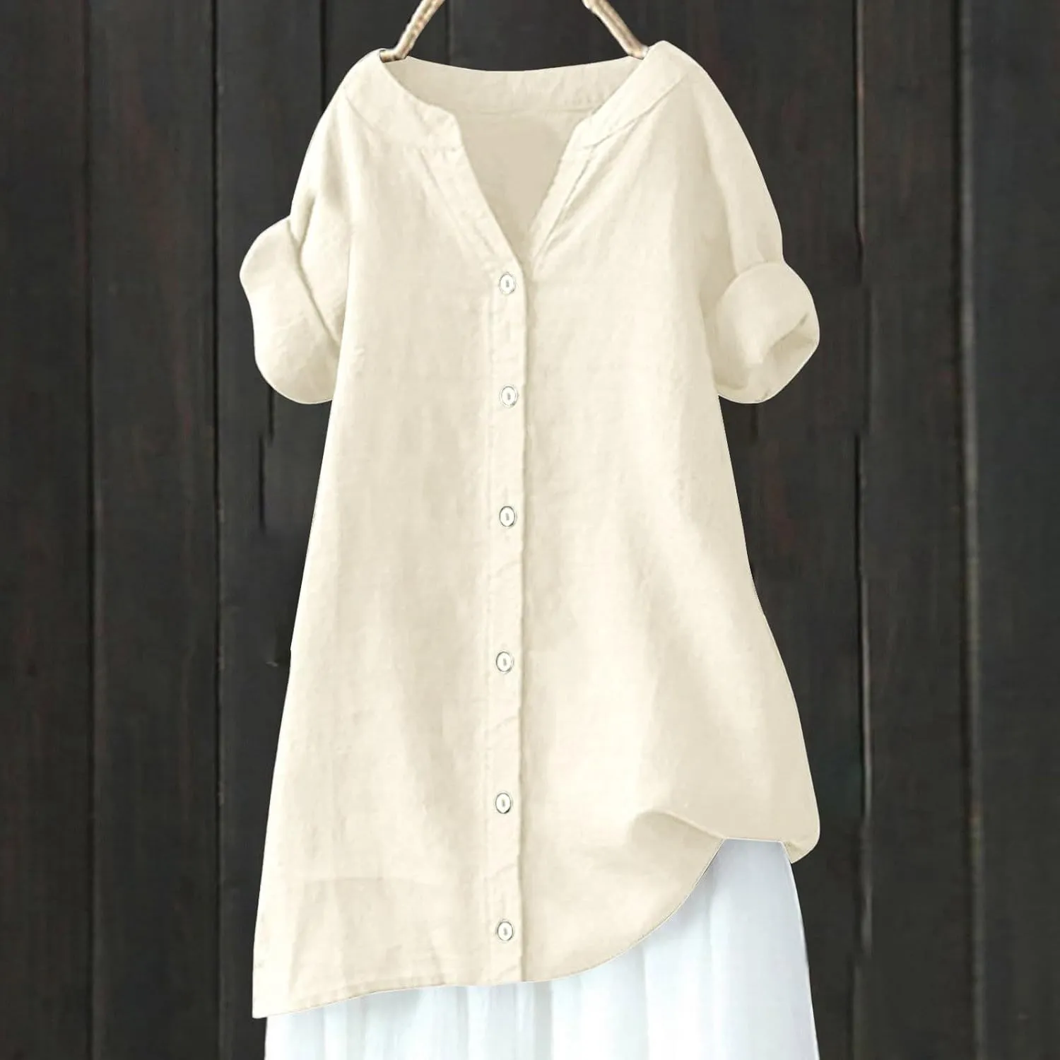 Women's Button Up Shirt V-Neck Short Sleeve Linen Summer Casual Trendy Dressy Blouses Top Loose Tee Shirt