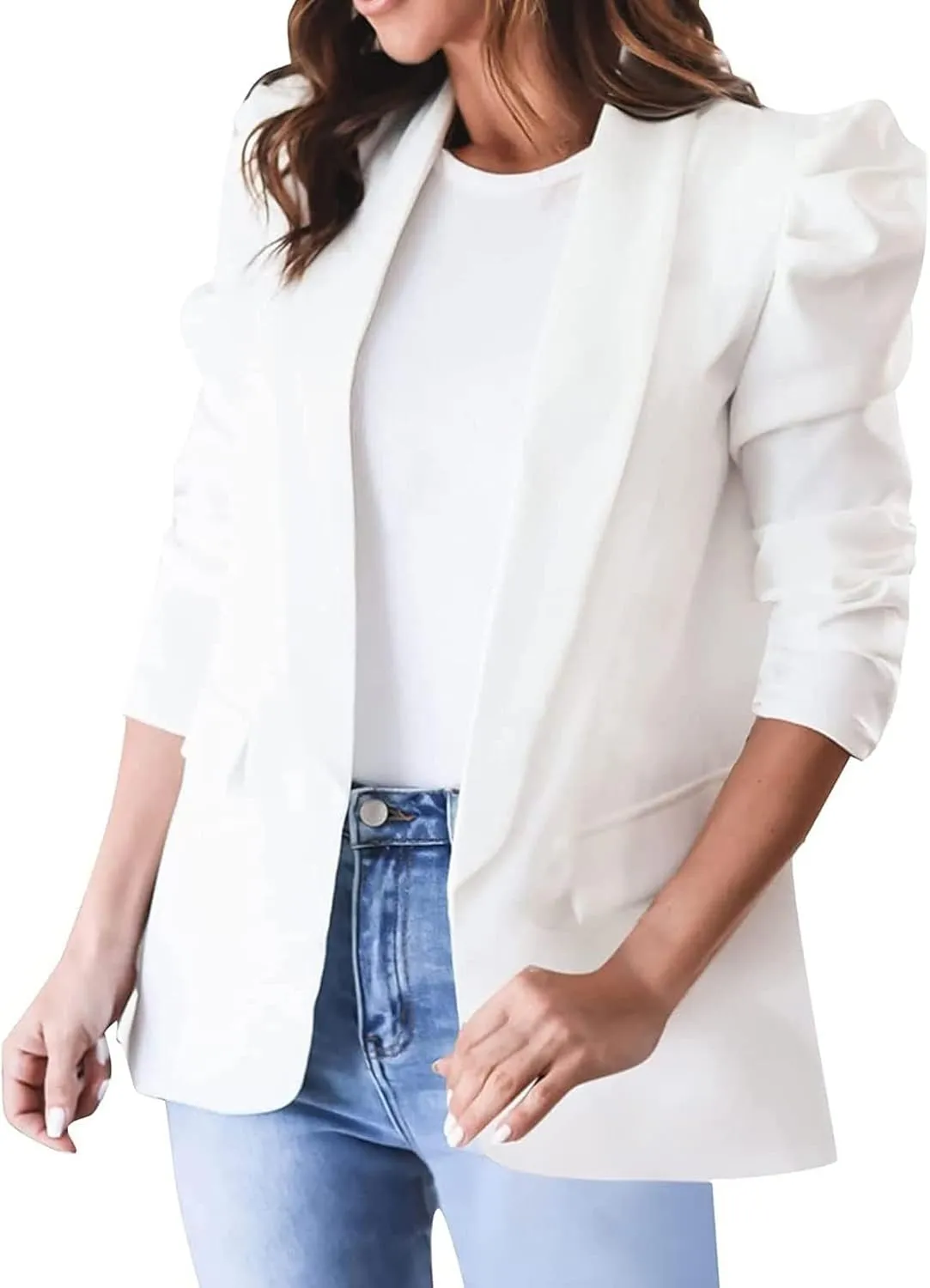 Womens Casual Blazers Puff Sleeve Suit Jacket Open Front Cardigan Jacket Work Office Blazer Business Outfits Tops