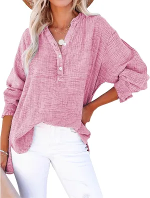 Womens Casual Button V Neck Shirts Oversized Long Sleeve Cotton Tops Lightweight Solid Blouses Fall Trendy Shirts
