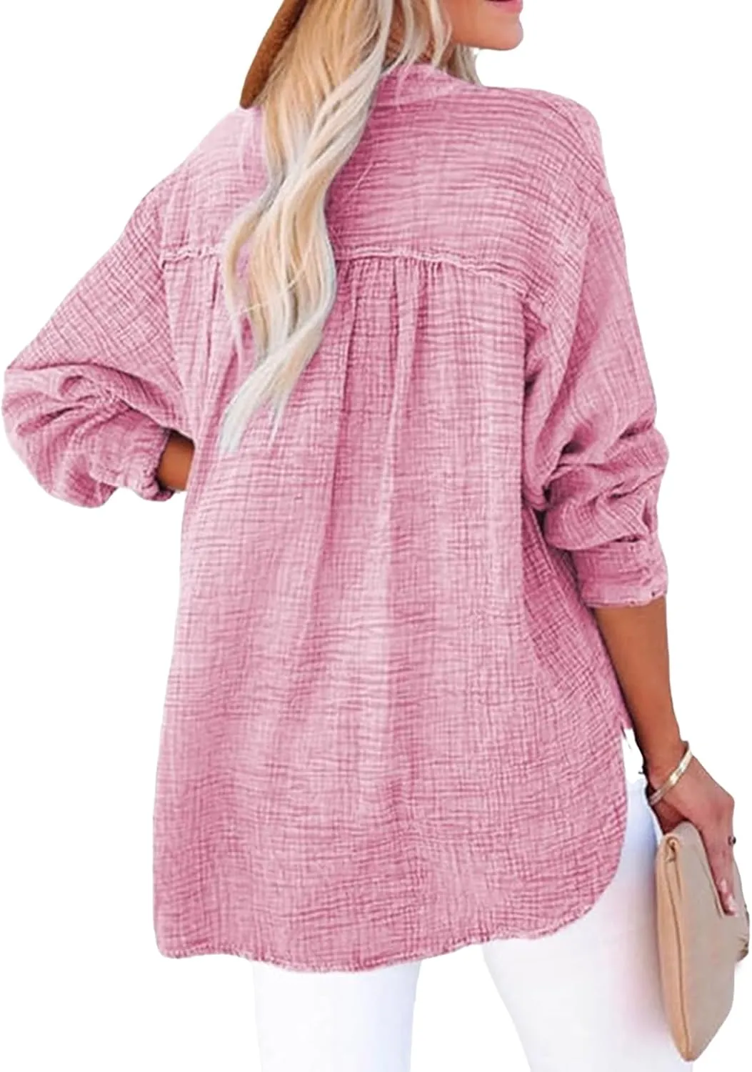 Womens Casual Button V Neck Shirts Oversized Long Sleeve Cotton Tops Lightweight Solid Blouses Fall Trendy Shirts