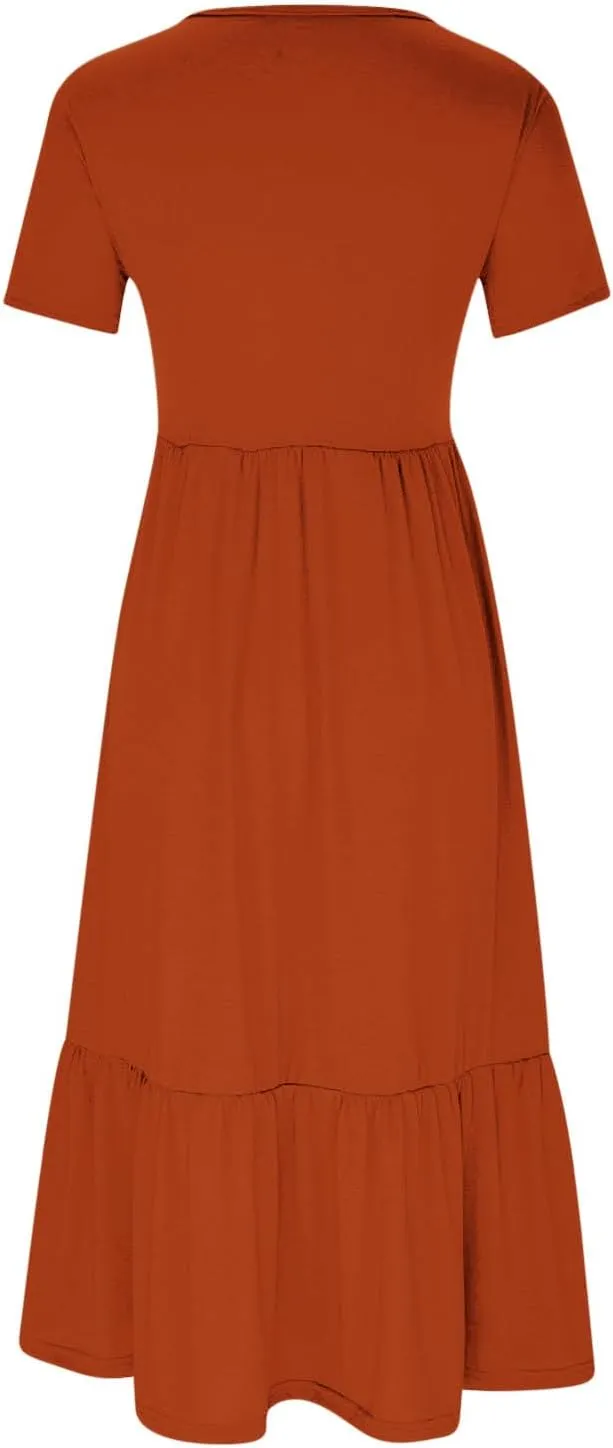 Women's Casual Elegant Long Dresses Summer Short Sleeve Crewneck Dress Flowy Tiered Maxi Beach Dress with Pockets