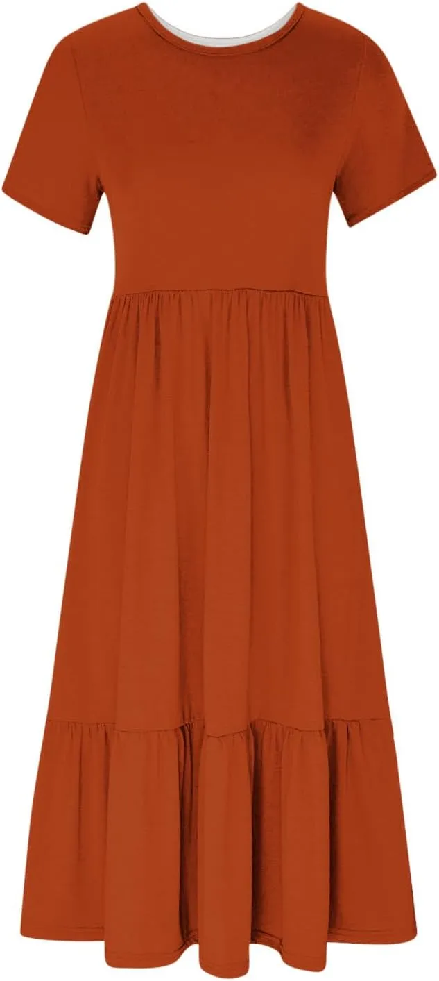 Women's Casual Elegant Long Dresses Summer Short Sleeve Crewneck Dress Flowy Tiered Maxi Beach Dress with Pockets