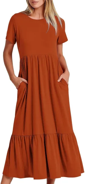 Women's Casual Elegant Long Dresses Summer Short Sleeve Crewneck Dress Flowy Tiered Maxi Beach Dress with Pockets