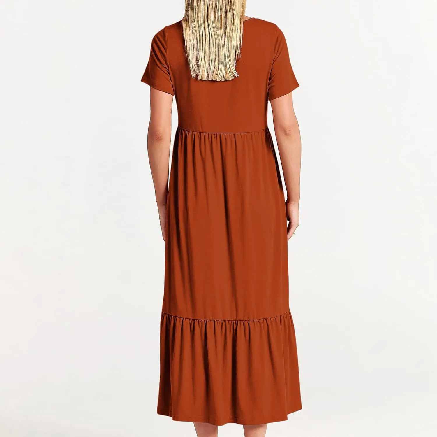 Women's Casual Elegant Long Dresses Summer Short Sleeve Crewneck Dress Flowy Tiered Maxi Beach Dress with Pockets