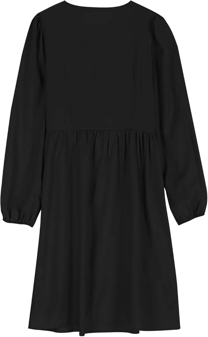 Women's Casual Long-Sleeved Solid Color Babydoll Dress Bow Tie Front Loose Fit Dresses Summer Cute Tunic Dress