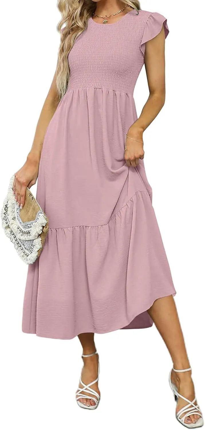 Women's Casual Maxi Dresses Ruffle Sleeve Crew Neck Long Dress Elegant Empire Waist Wedding Dresses Tiered A-Line Dress