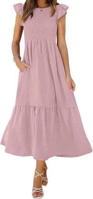 Women's Casual Maxi Dresses Ruffle Sleeve Crew Neck Long Dress Elegant Empire Waist Wedding Dresses Tiered A-Line Dress