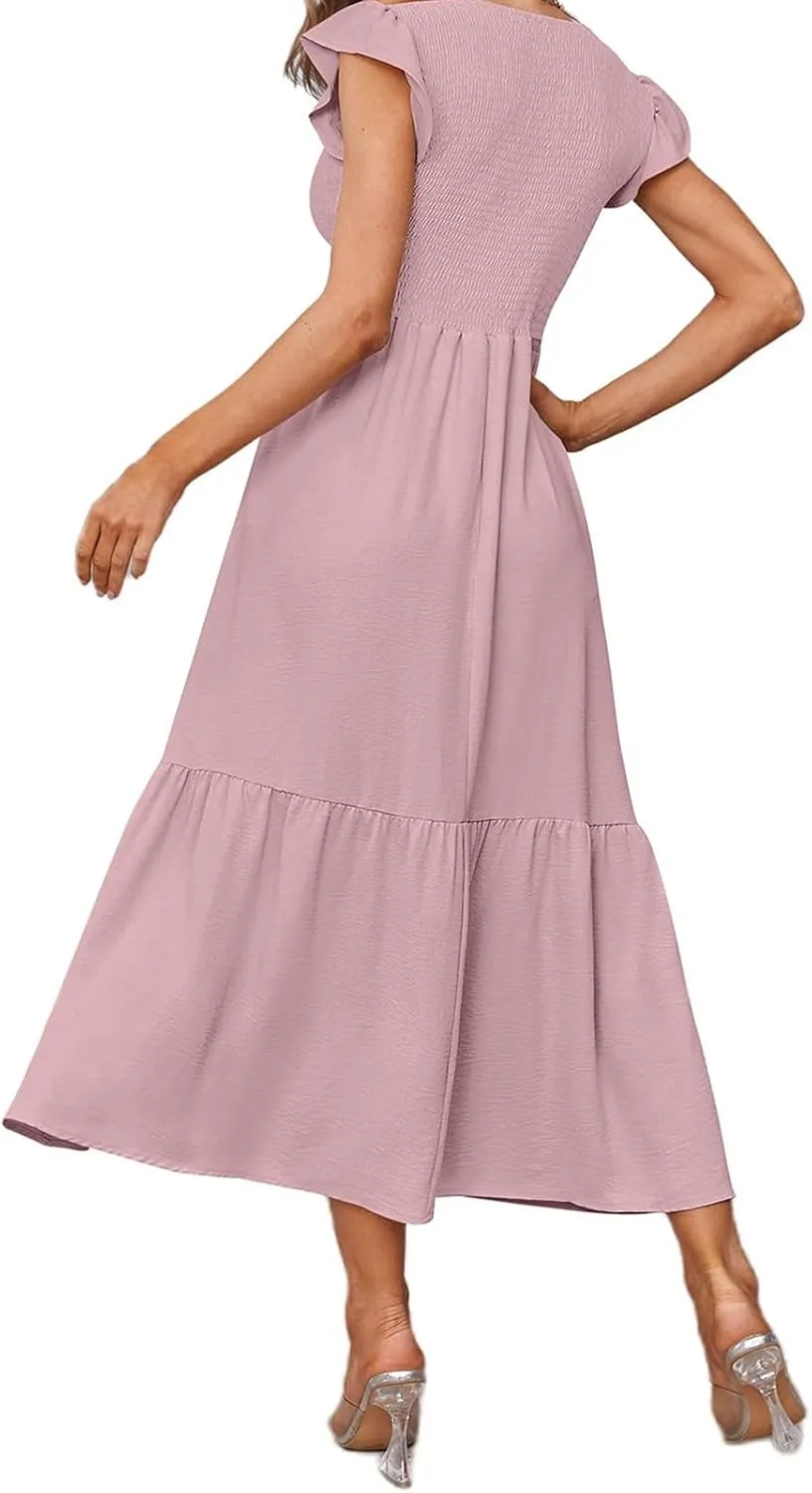 Women's Casual Maxi Dresses Ruffle Sleeve Crew Neck Long Dress Elegant Empire Waist Wedding Dresses Tiered A-Line Dress