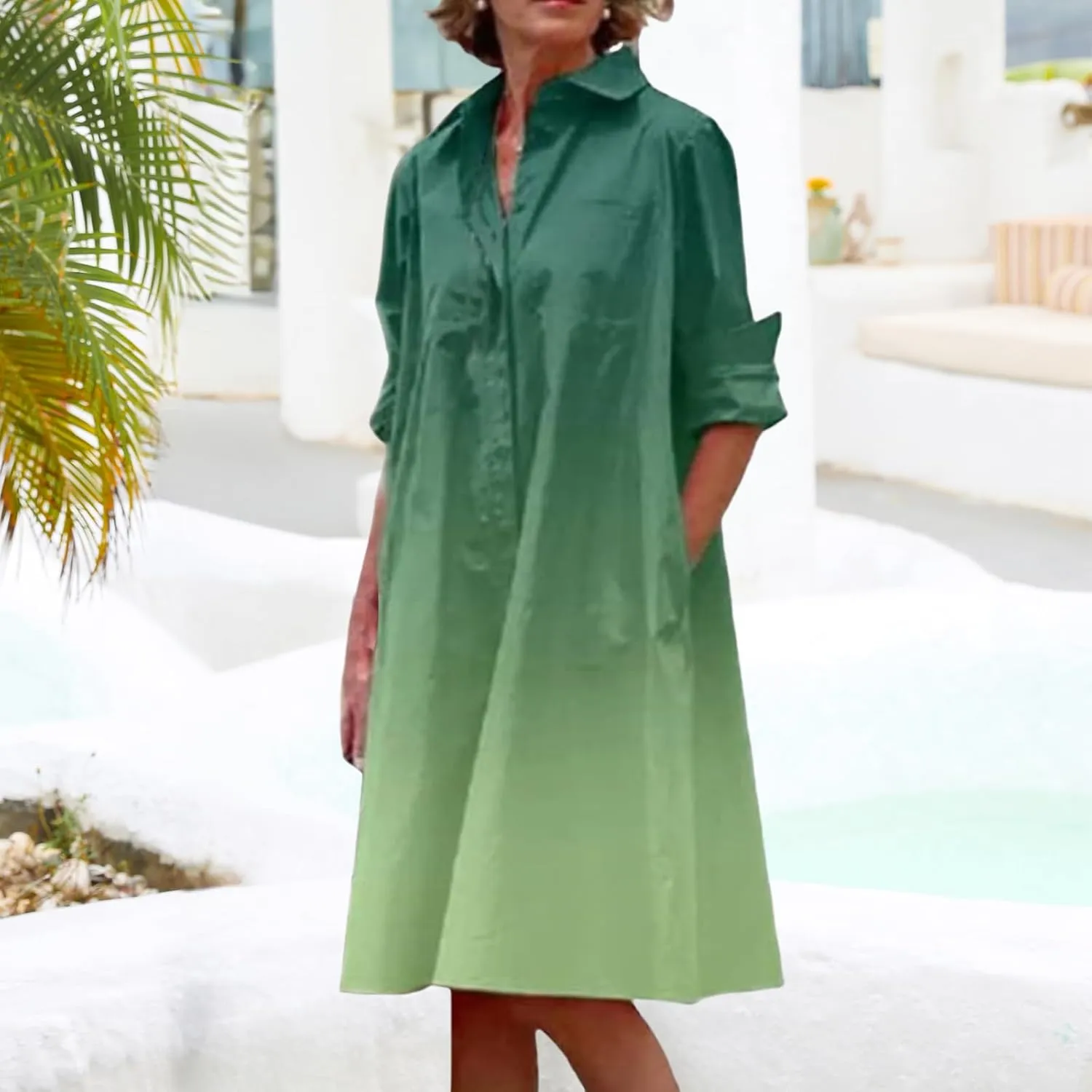 Womens Casual Midi Dress Summer Long Sleeve Button Down Shirt Dresses Trendy V Neck Color Block Print Beach Sundress