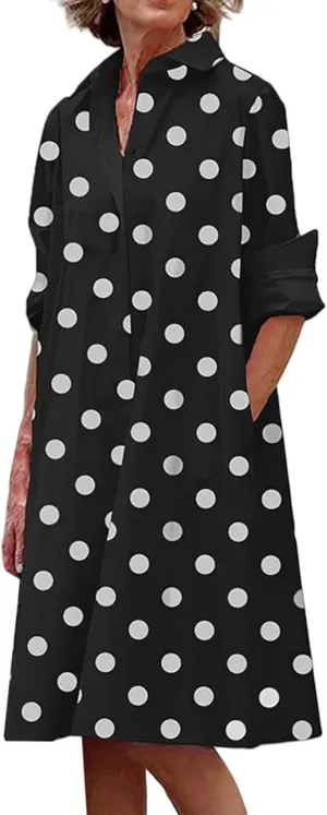 Womens Casual Midi Dress Summer Long Sleeve Button Down Shirt Dresses Trendy V Neck Color Block Print Beach Sundress