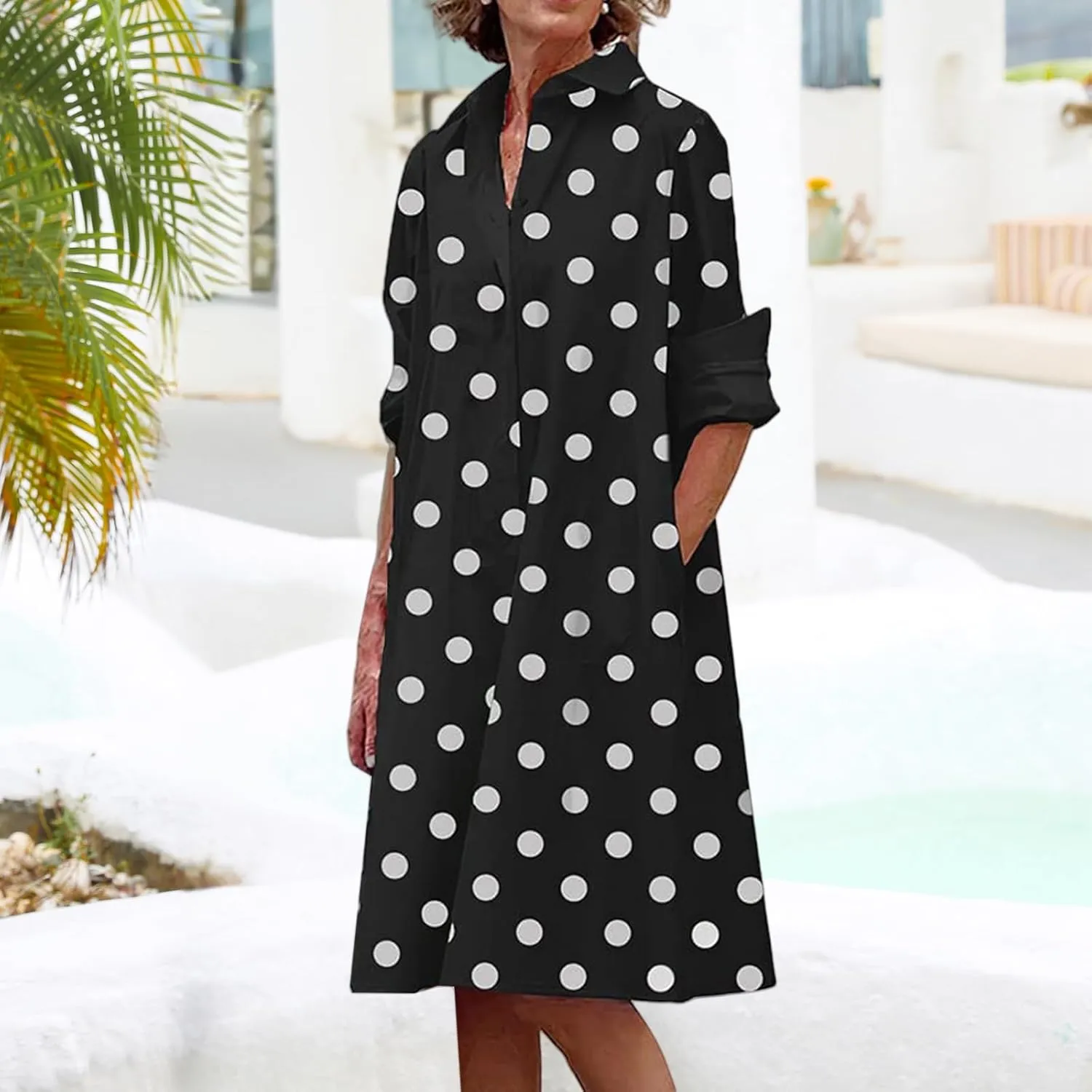 Womens Casual Midi Dress Summer Long Sleeve Button Down Shirt Dresses Trendy V Neck Color Block Print Beach Sundress