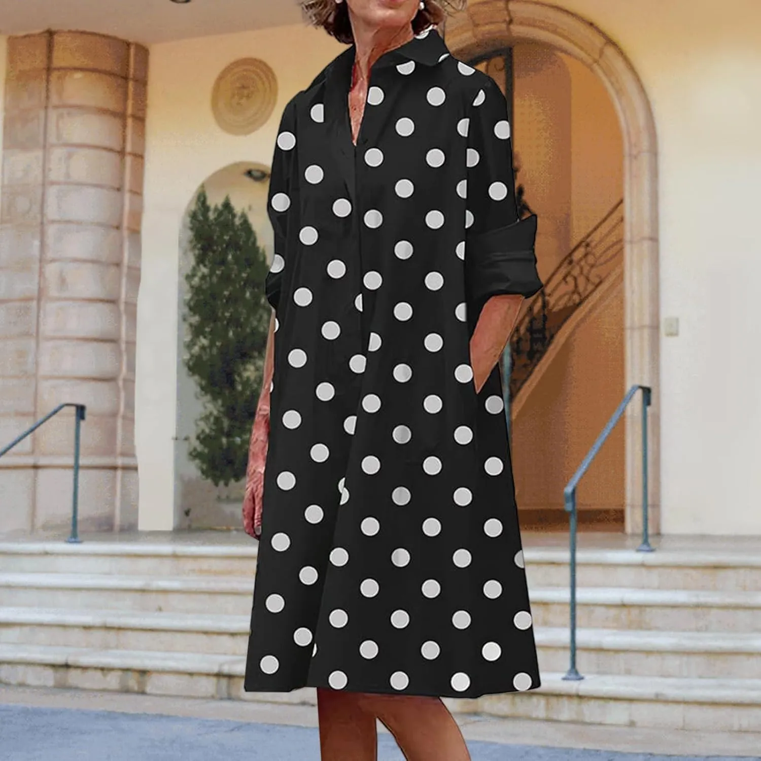 Womens Casual Midi Dress Summer Long Sleeve Button Down Shirt Dresses Trendy V Neck Color Block Print Beach Sundress