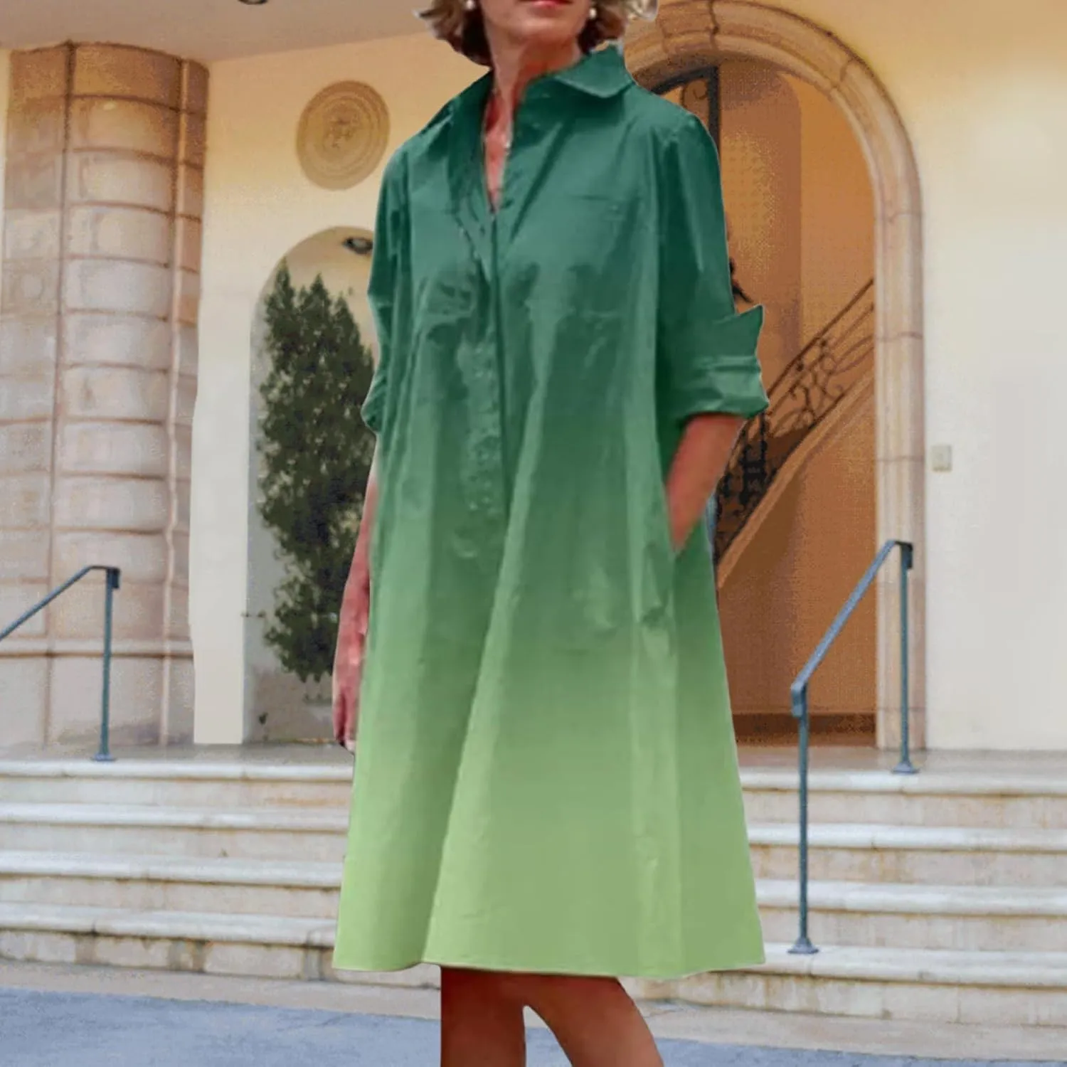 Womens Casual Midi Dress Summer Long Sleeve Button Down Shirt Dresses Trendy V Neck Color Block Print Beach Sundress