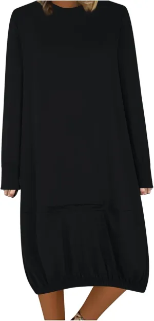Women's Casual Solid Color Simple Dresses Long Sleeve Scoop Neck T-Shirt Dress Loose Elastic Hem Shift Midi Dresses