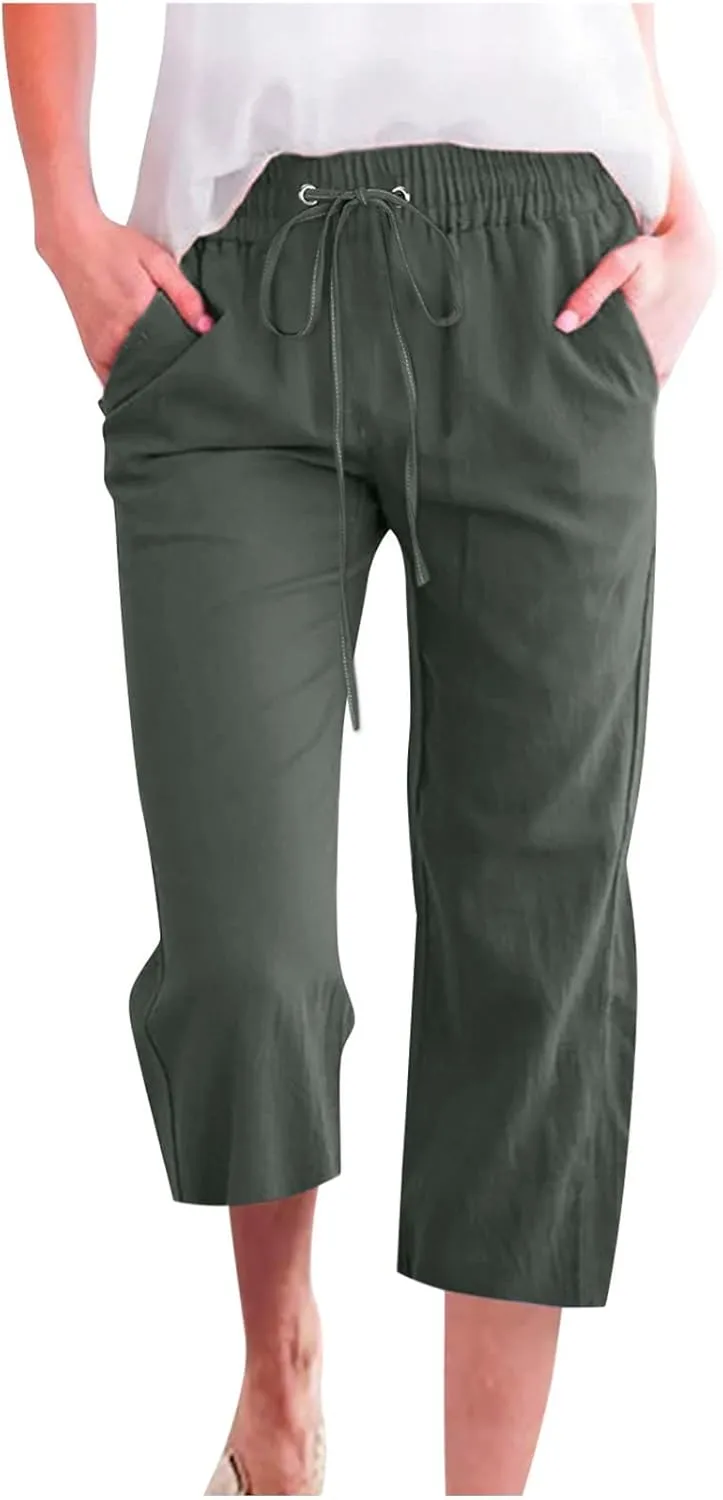 Womens Cotton Linen Capris Pants Loose Elastic High Waist Straight Wide Leg Casual Lounge Trouser with Pockets