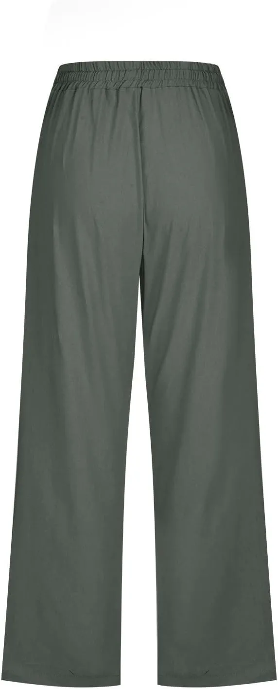 Womens Cotton Linen Capris Pants Loose Elastic High Waist Straight Wide Leg Casual Lounge Trouser with Pockets
