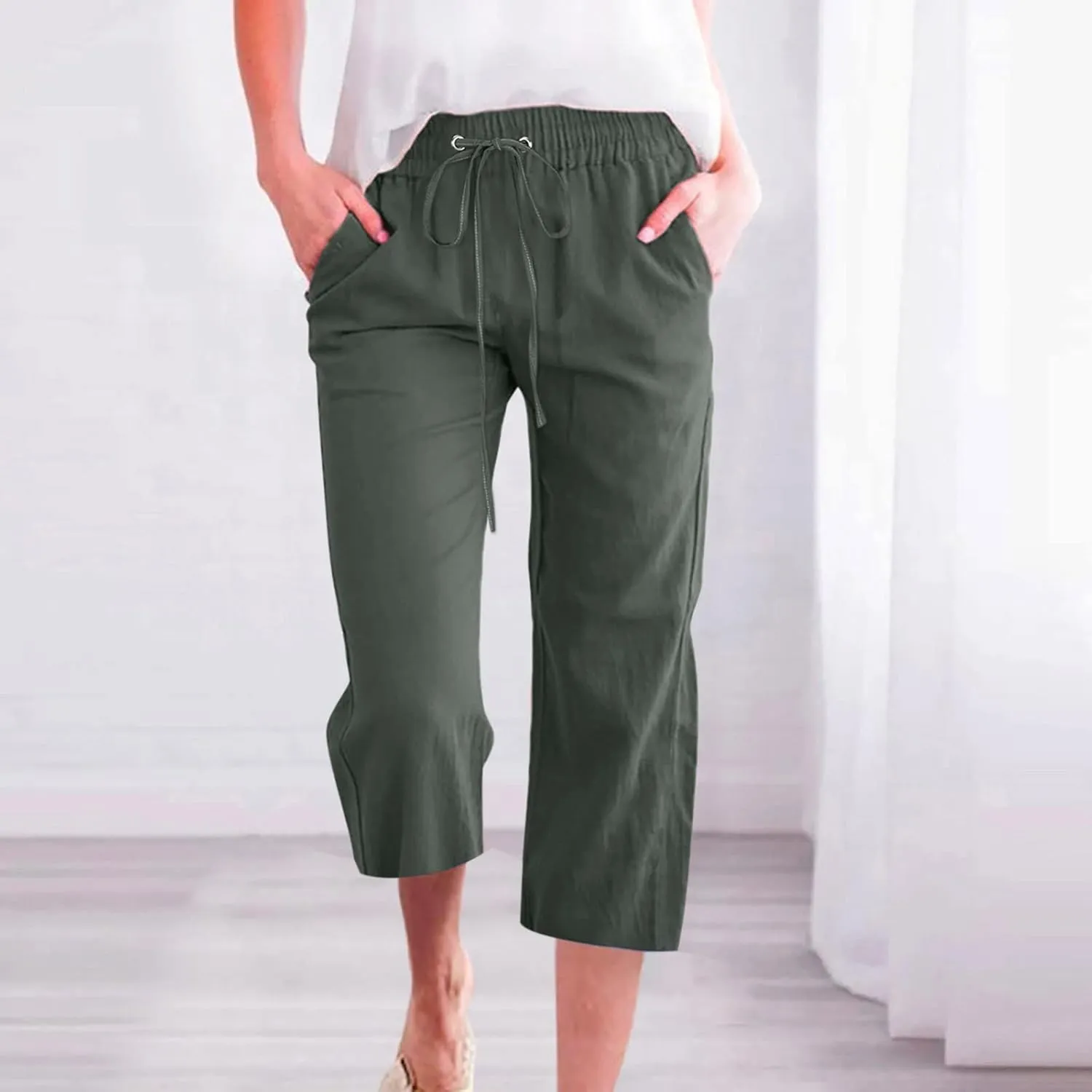 Womens Cotton Linen Capris Pants Loose Elastic High Waist Straight Wide Leg Casual Lounge Trouser with Pockets