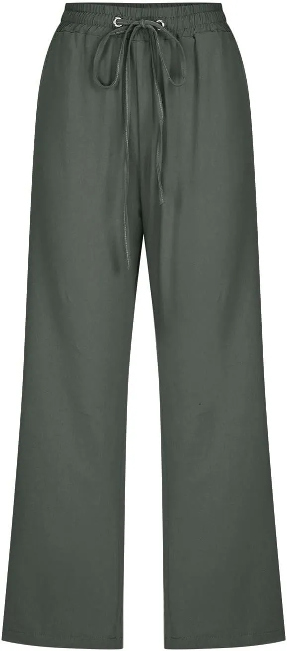 Womens Cotton Linen Capris Pants Loose Elastic High Waist Straight Wide Leg Casual Lounge Trouser with Pockets
