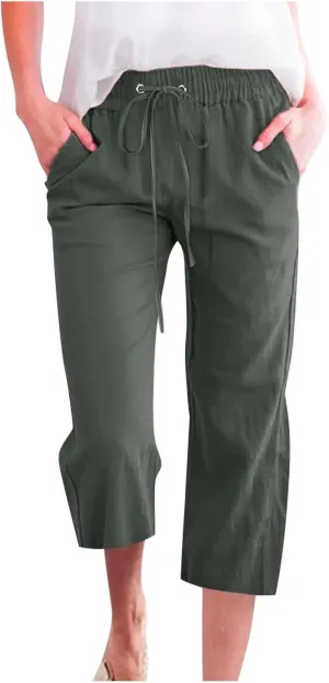 Womens Cotton Linen Capris Pants Loose Elastic High Waist Straight Wide Leg Casual Lounge Trouser with Pockets
