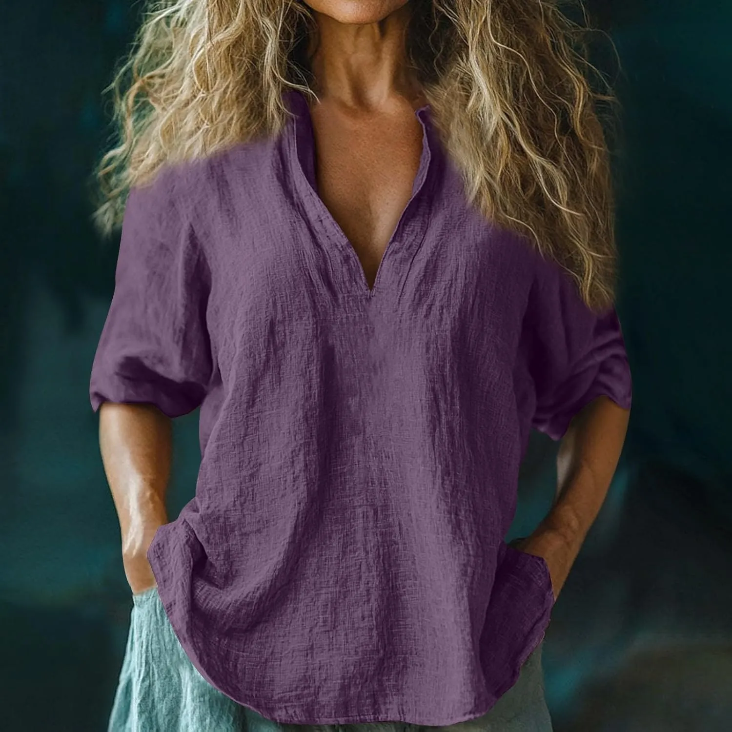 Womens Cotton Linen Shirts Solid 3/4 Length Sleeve Tunic Tops Oversized Summer Tshirts Casual Deep V Neck Dressy Blouses 2025