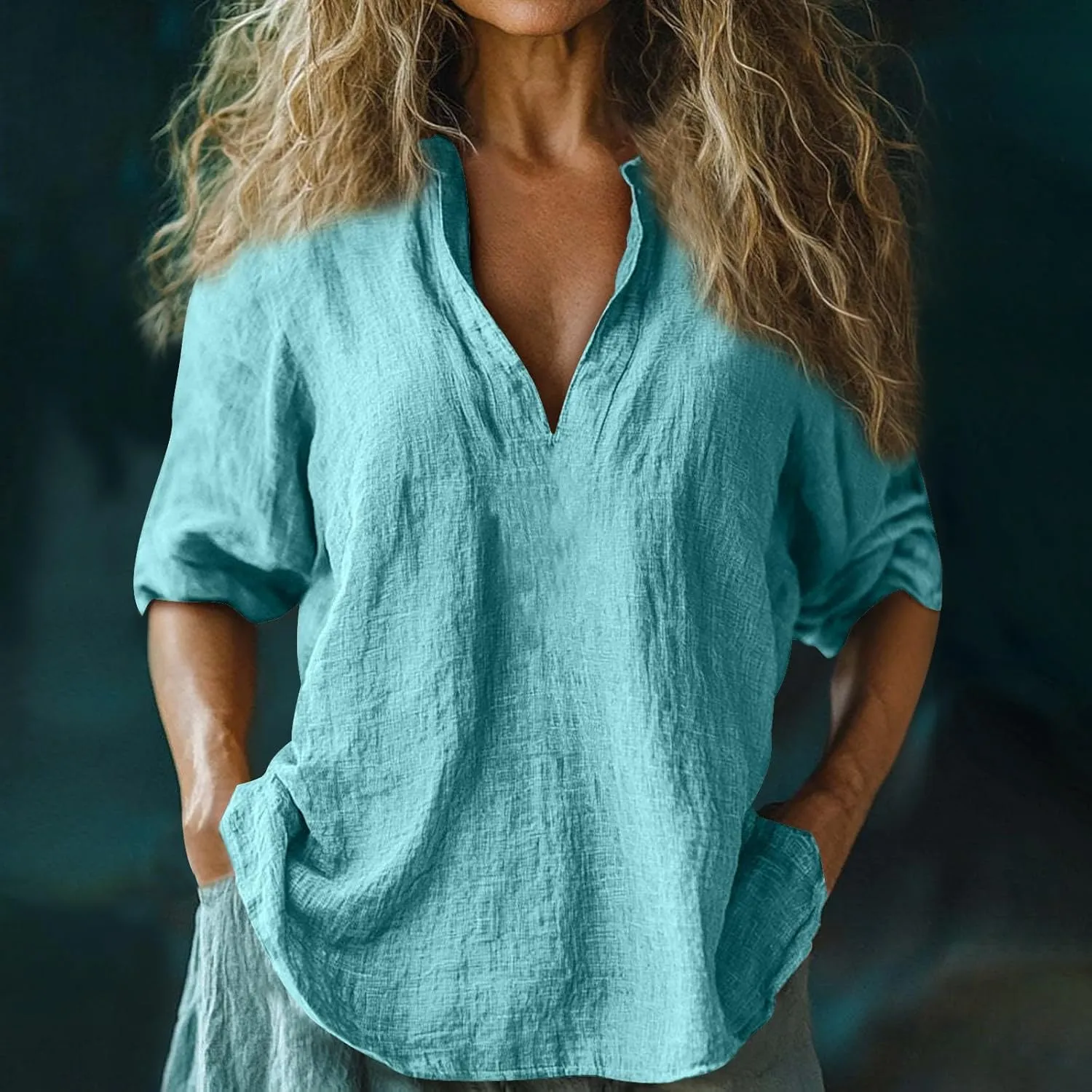 Womens Cotton Linen Shirts Solid 3/4 Length Sleeve Tunic Tops Oversized Summer Tshirts Casual Deep V Neck Dressy Blouses 2025