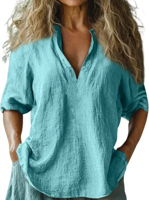Womens Cotton Linen Shirts Solid 3/4 Length Sleeve Tunic Tops Oversized Summer Tshirts Casual Deep V Neck Dressy Blouses 2025