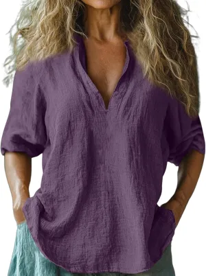 Womens Cotton Linen Shirts Solid 3/4 Length Sleeve Tunic Tops Oversized Summer Tshirts Casual Deep V Neck Dressy Blouses 2025