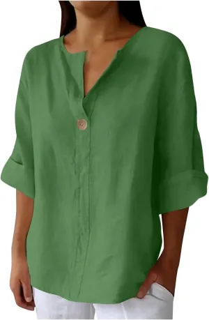Womens Cotton Linen Tops Summer Short Sleeve V Neck T Shirts Lightweight Breathable Soft Tees Beach Vacation Shirt