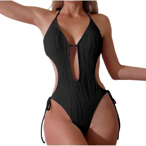 Women's Cut Out One Piece Swimsuit Sexy Halter Neck Backless Textured Swimwear Beach High Cut Tie-Side Bathing Suits