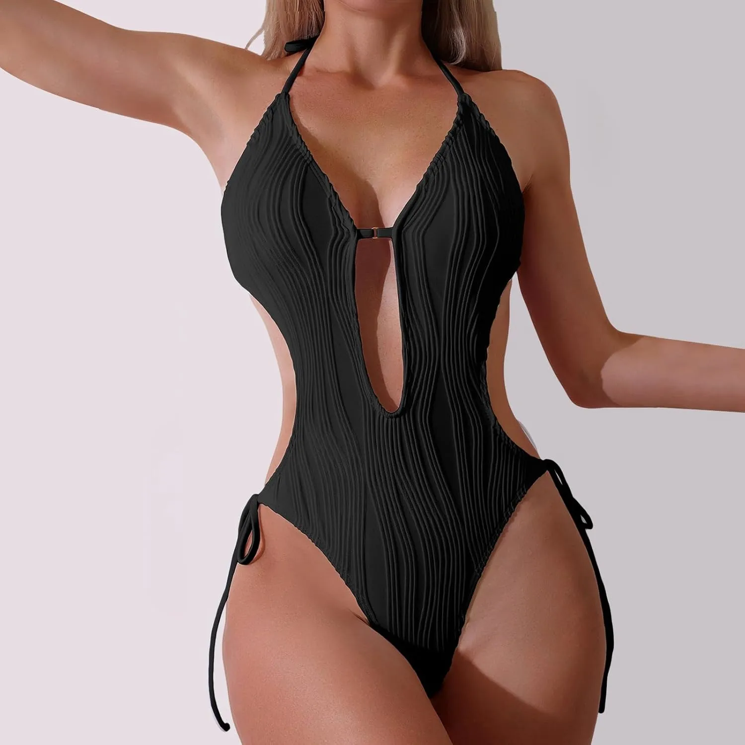 Women's Cut Out One Piece Swimsuit Sexy Halter Neck Backless Textured Swimwear Beach High Cut Tie-Side Bathing Suits