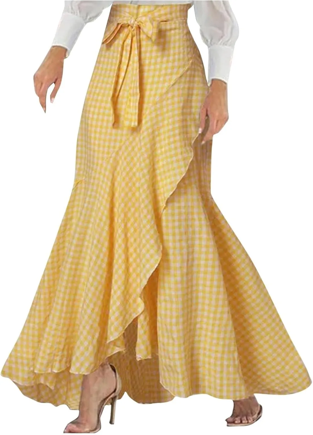 Women's Dressy Plaid Mermaid Maxi Skirt Bowtie High Waist A Line Skirts Flowy Wrap Ruffle Hem Fishtail Long Skirt