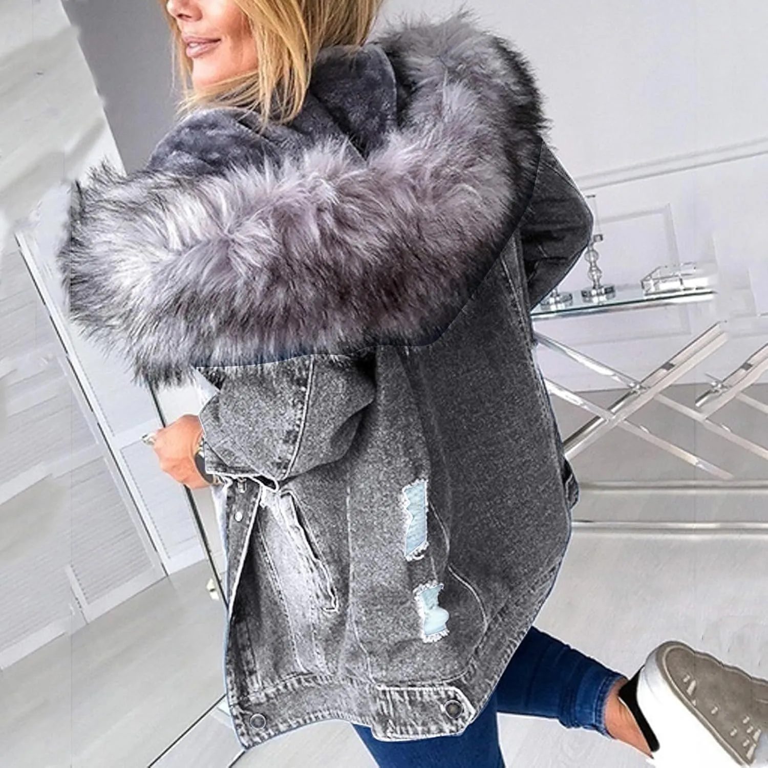 Women's Fleece Extra Thick Long Sleeve Collar Denim Solid Color Ripped Old Jacket Jacket Womens Zippe Wool Jacket