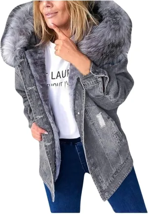 Women's Fleece Extra Thick Long Sleeve Collar Denim Solid Color Ripped Old Jacket Jacket Womens Zippe Wool Jacket