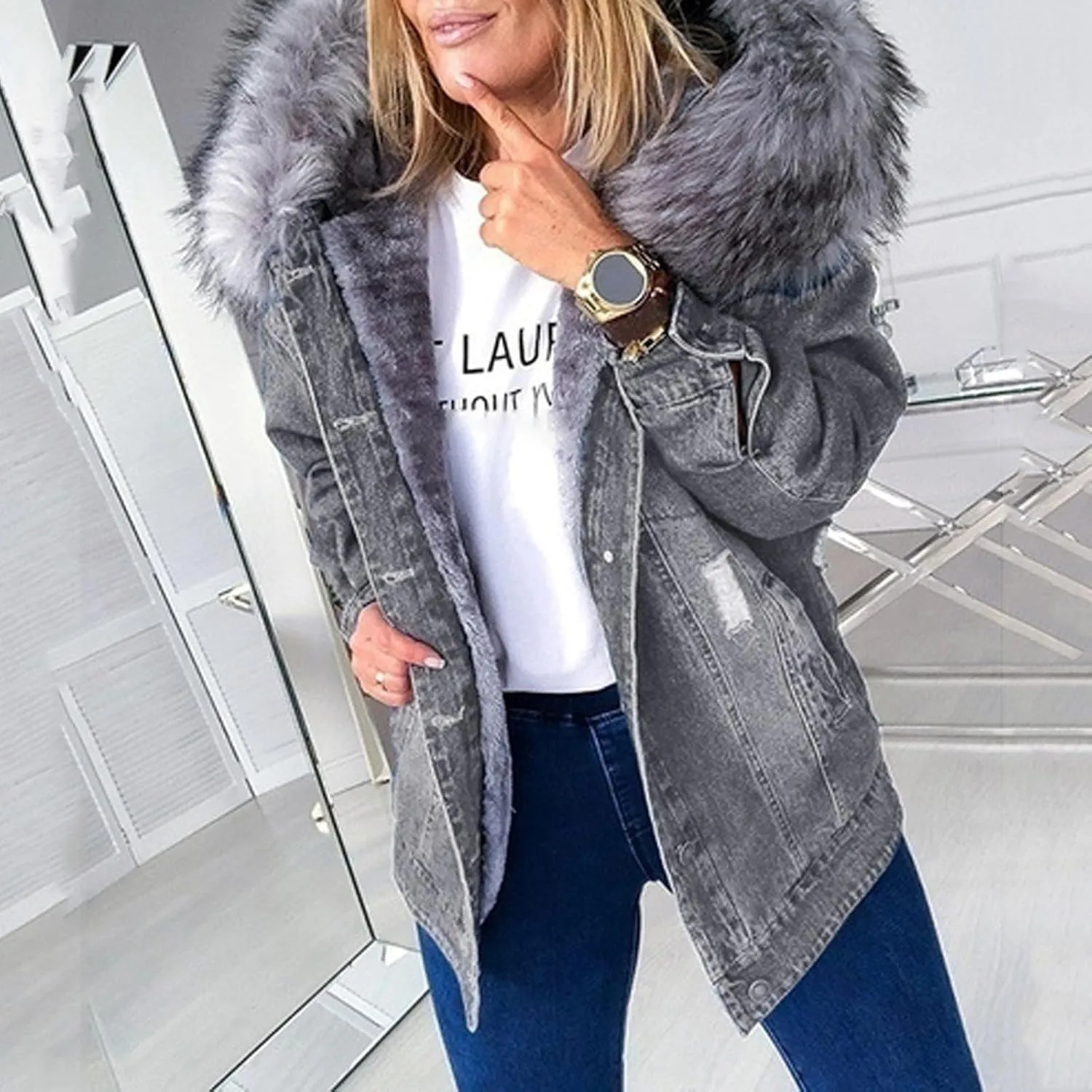 Women's Fleece Extra Thick Long Sleeve Collar Denim Solid Color Ripped Old Jacket Jacket Womens Zippe Wool Jacket
