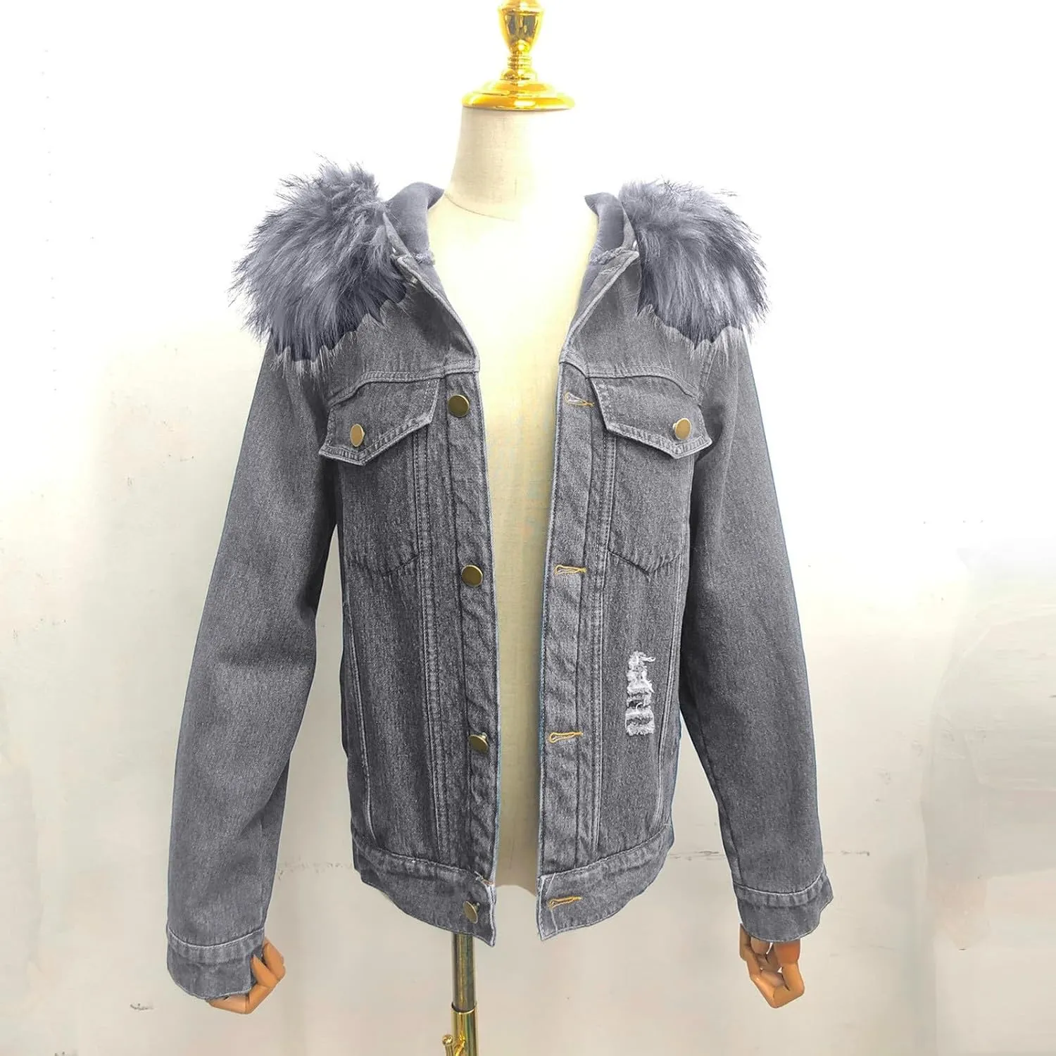 Women's Fleece Extra Thick Long Sleeve Collar Denim Solid Color Ripped Old Jacket Jacket Womens Zippe Wool Jacket