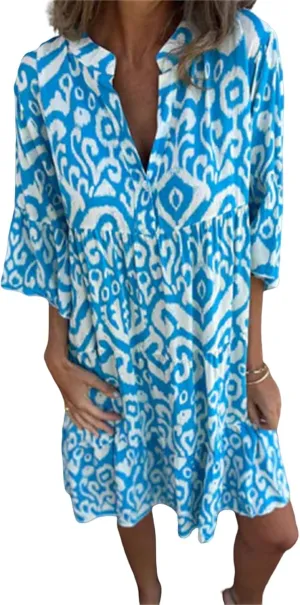 Womens Flora Boho Dress V Neck 3/4 Sleeve Midi Dresses Summer Casual Loose Waist Pleated Vacation Dress