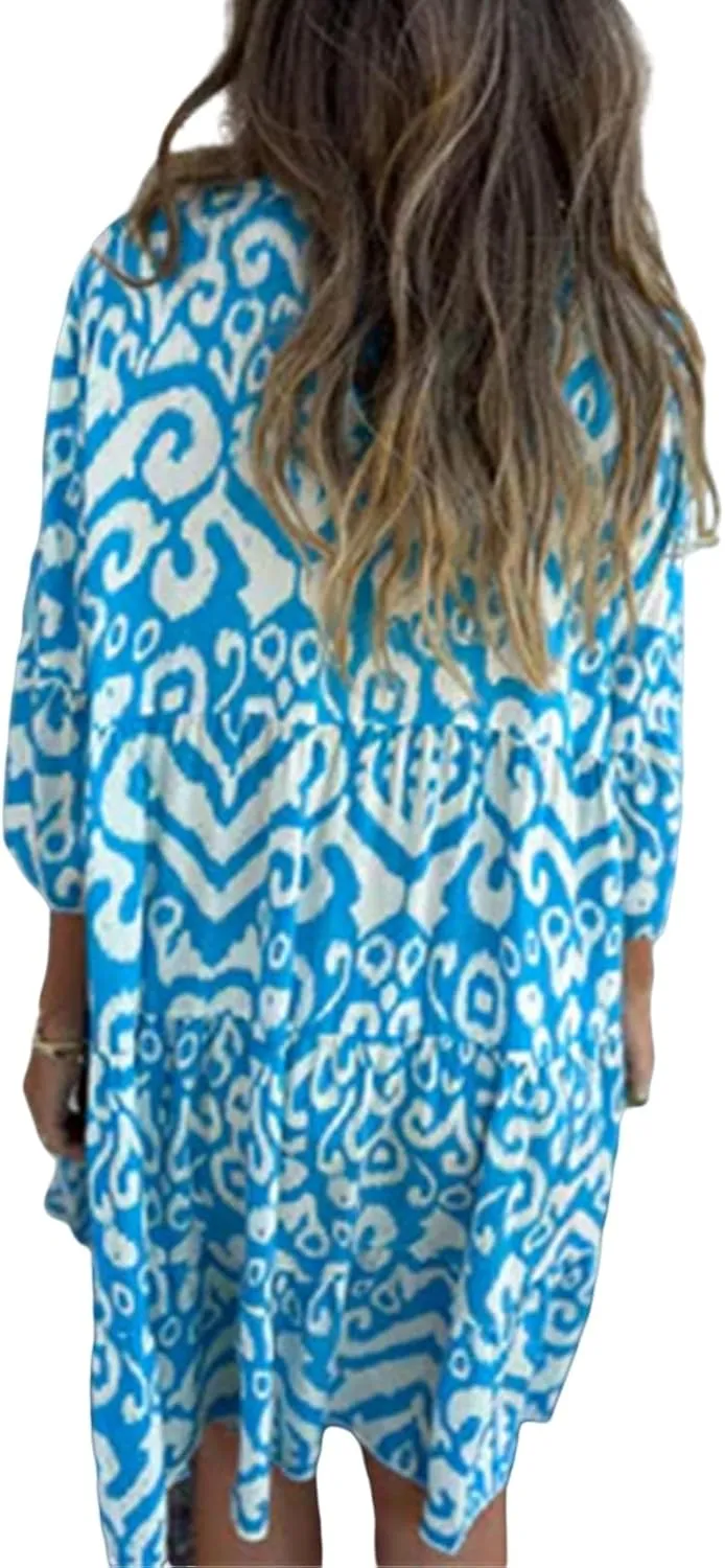 Womens Flora Boho Dress V Neck 3/4 Sleeve Midi Dresses Summer Casual Loose Waist Pleated Vacation Dress