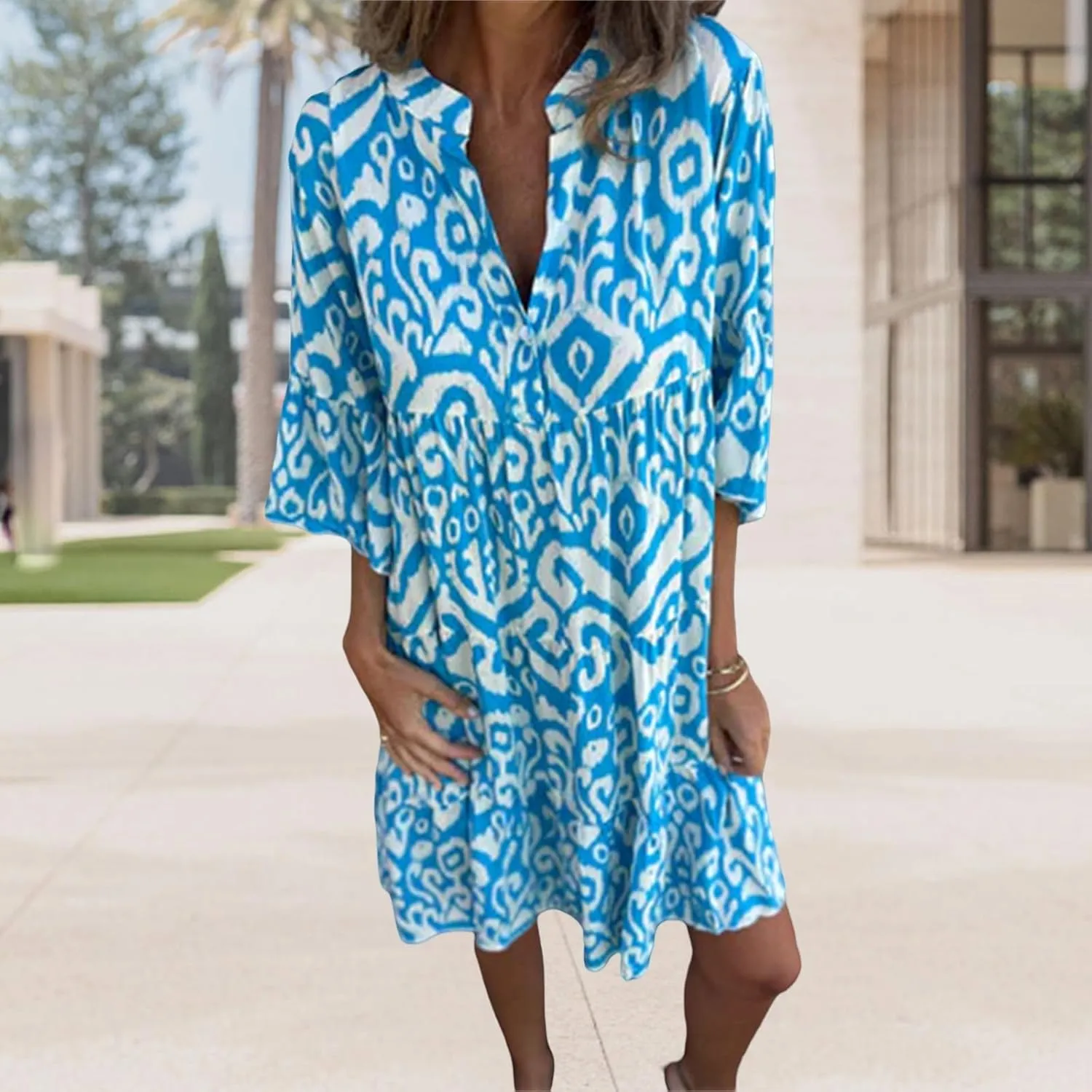 Womens Flora Boho Dress V Neck 3/4 Sleeve Midi Dresses Summer Casual Loose Waist Pleated Vacation Dress