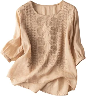 Womens Floral Print Linen Short Sleeve T Shirts Summer Dressy Casual Oversized Blouse Top V Neck Loose Tshirt
