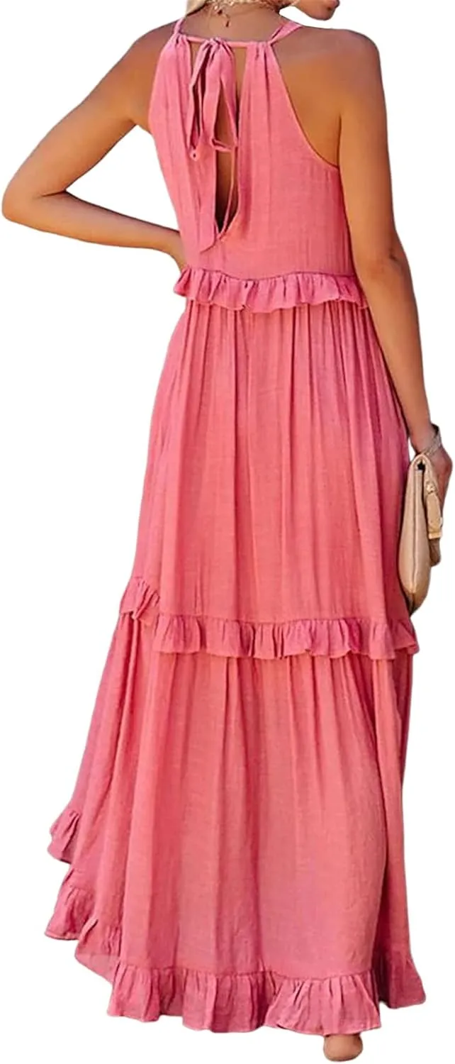 Womens Halter Neck Maxi Dress Tie Back Loose Flowy Ruffle Tiered Long Dress Summer Swing Beach Dresses with Pockets