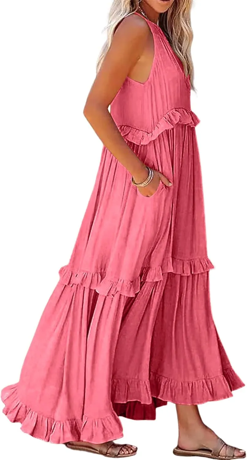 Womens Halter Neck Maxi Dress Tie Back Loose Flowy Ruffle Tiered Long Dress Summer Swing Beach Dresses with Pockets