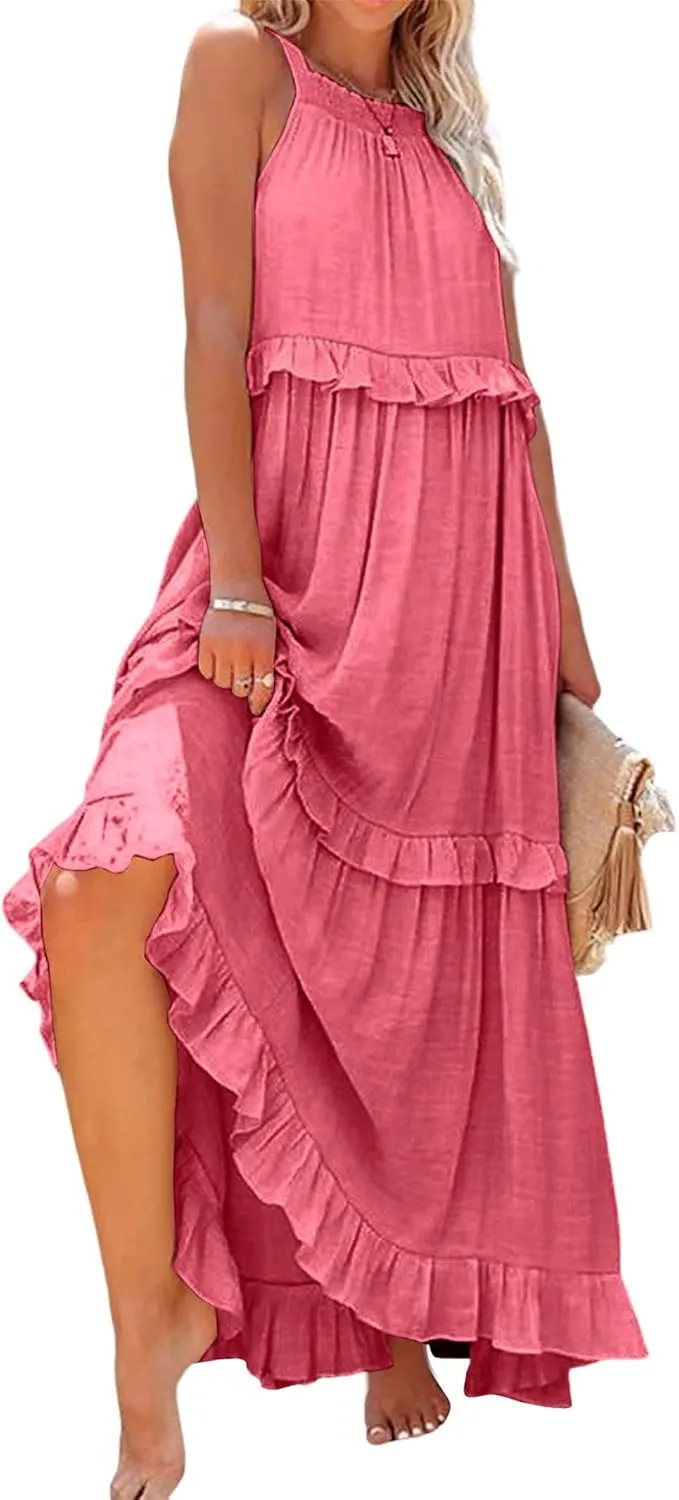 Womens Halter Neck Maxi Dress Tie Back Loose Flowy Ruffle Tiered Long Dress Summer Swing Beach Dresses with Pockets