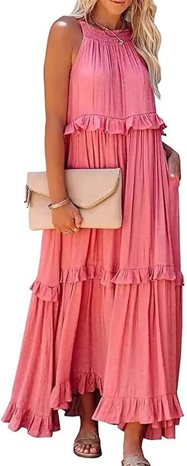 Womens Halter Neck Maxi Dress Tie Back Loose Flowy Ruffle Tiered Long Dress Summer Swing Beach Dresses with Pockets