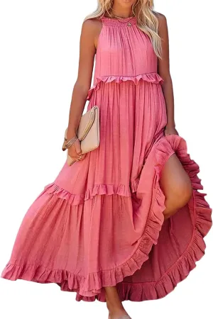 Womens Halter Neck Maxi Dress Tie Back Loose Flowy Ruffle Tiered Long Dress Summer Swing Beach Dresses with Pockets
