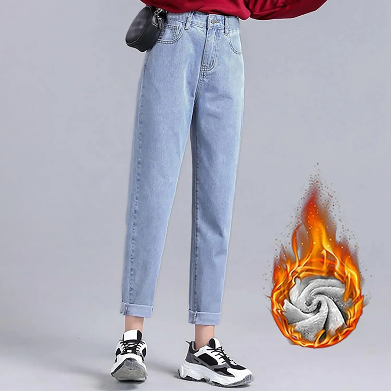 Women's Jeans High Waisted Warm Winter Lounge Stretch Fleece Lined Thicken Boot Cut Slim Fit Trousers with Pockets