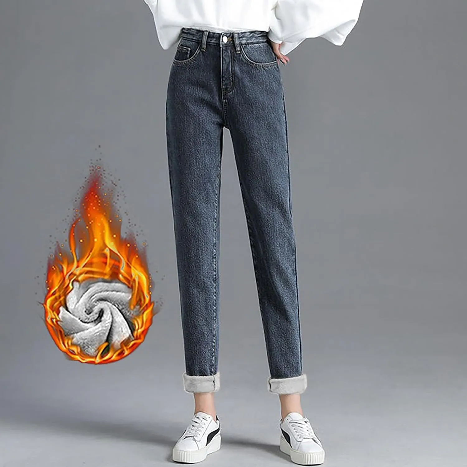 Women's Jeans High Waisted Warm Winter Lounge Stretch Fleece Lined Thicken Boot Cut Slim Fit Trousers with Pockets