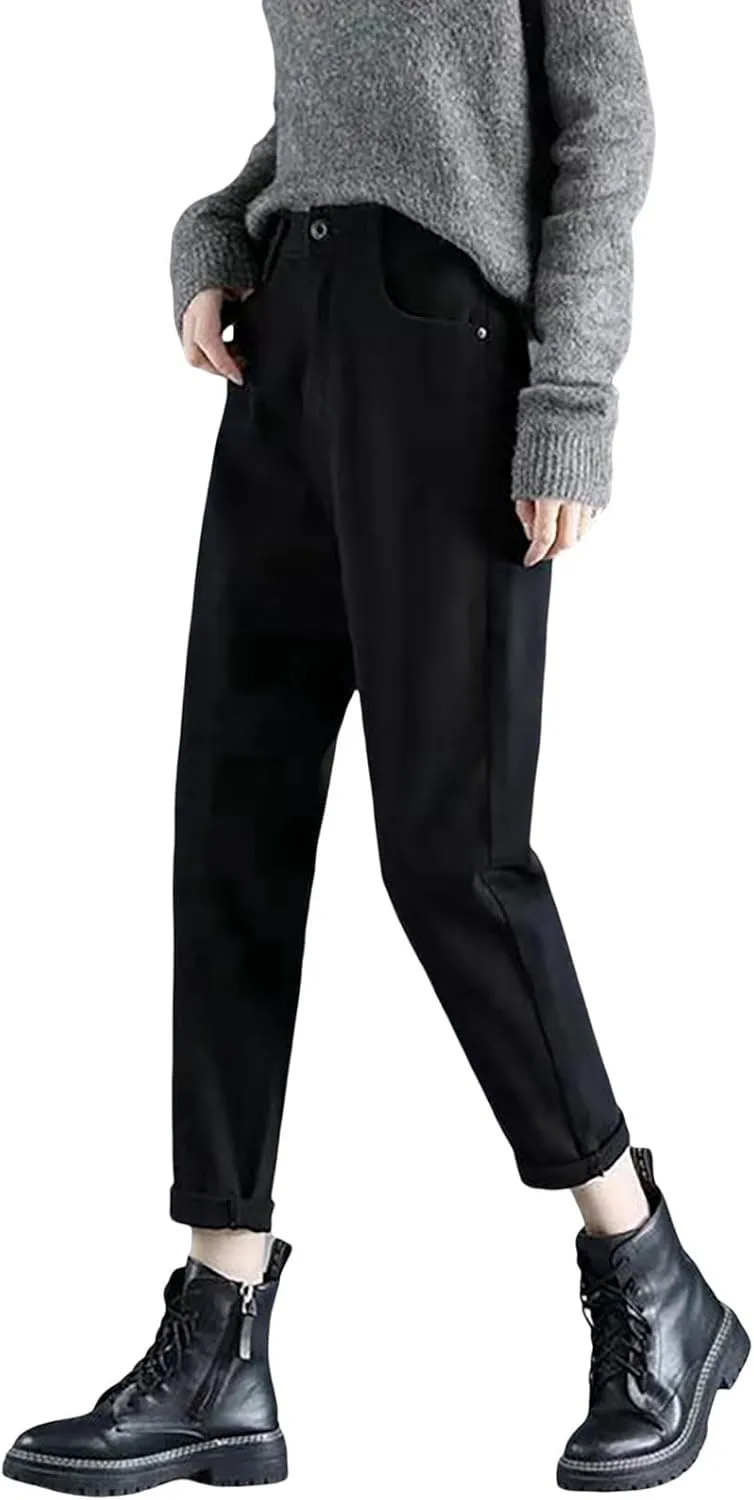 Women's Jeans High Waisted Warm Winter Lounge Stretch Fleece Lined Thicken Boot Cut Slim Fit Trousers with Pockets