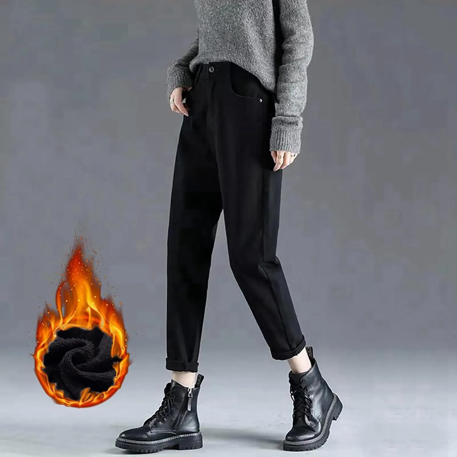 Women's Jeans High Waisted Warm Winter Lounge Stretch Fleece Lined Thicken Boot Cut Slim Fit Trousers with Pockets